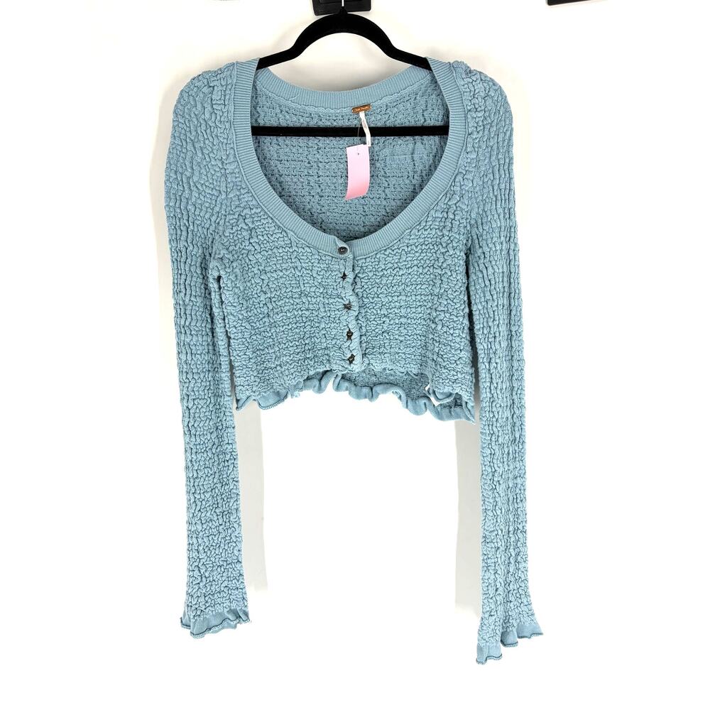 Free People Textured Crop Scoop Neck Cardigan in Blue